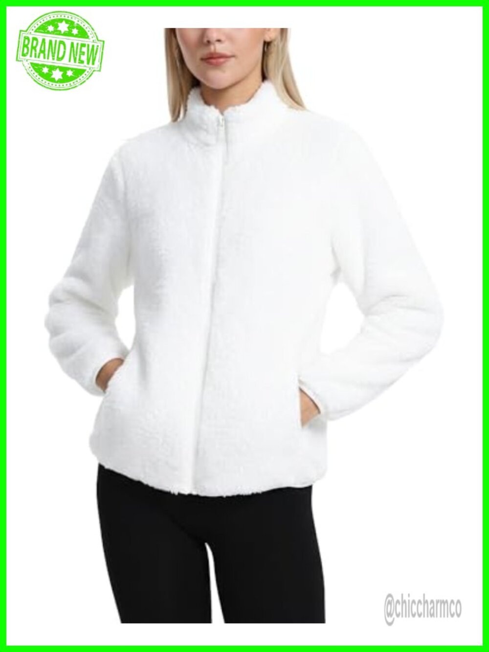 Fuzzy Fleece Zip-Up Jacket 4 Pockets Stand Collar Women's